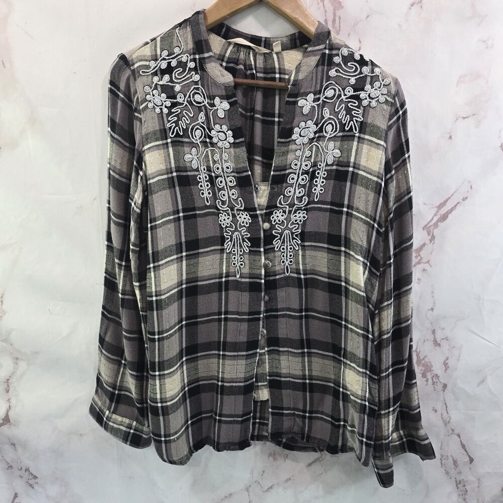 Soft Surroundings Shirt Womens Small Plaid Button Up Embroidered Long Sleeve